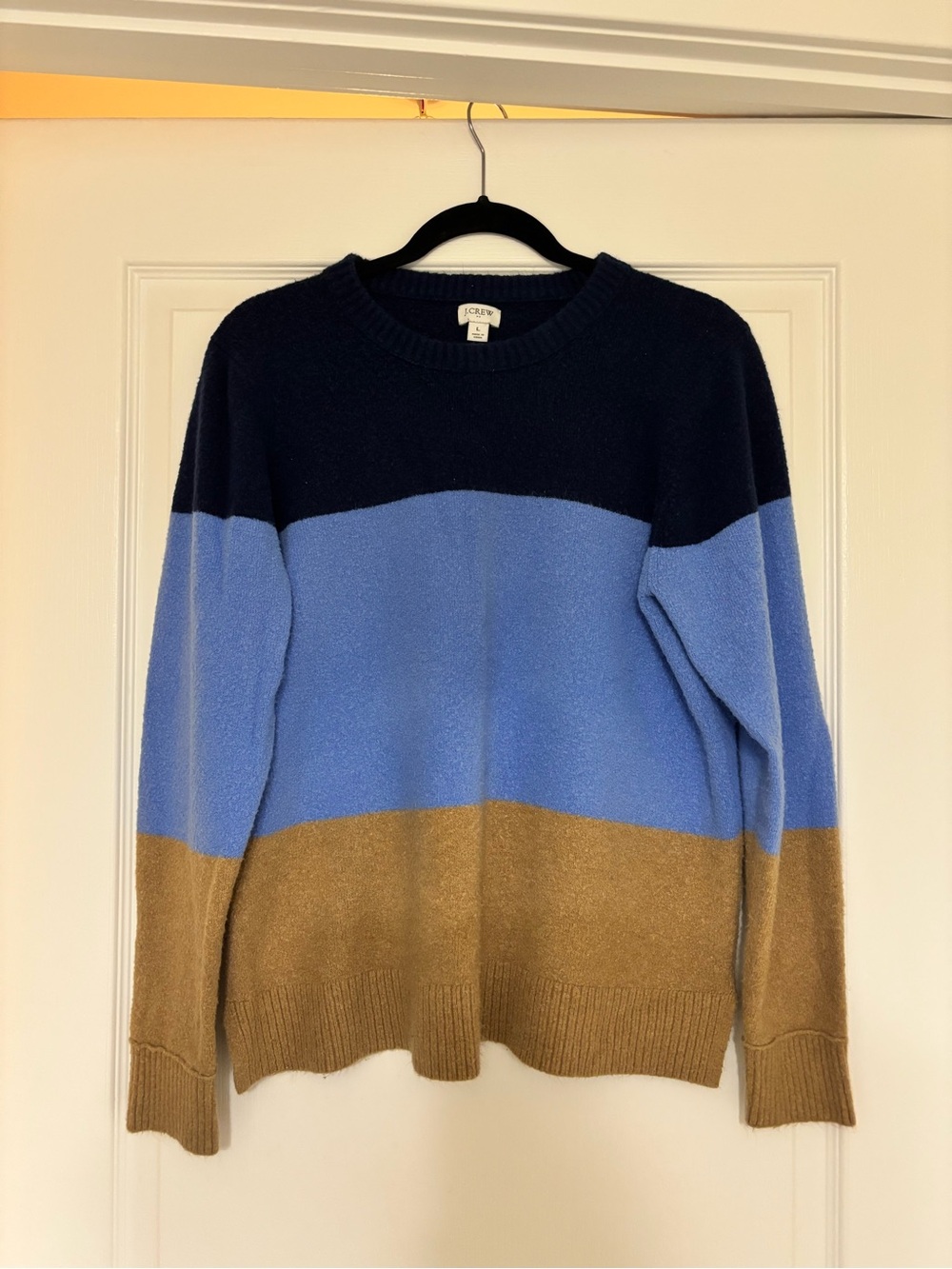 J. Crew Super Soft Yarn Colorblock Crewneck Sweater in Navy Light Blue and Camel